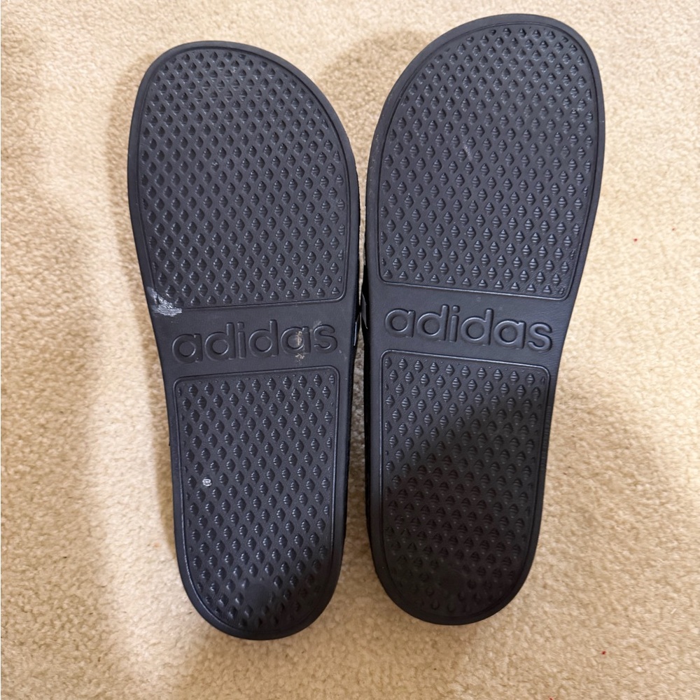 Black Addias Slide Sandals with White Stripes - Picture 2 of 2